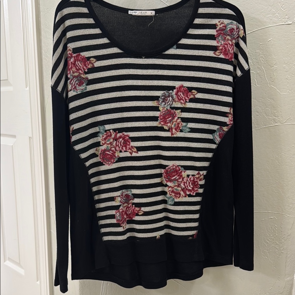 Floral Striped Black and White Top
